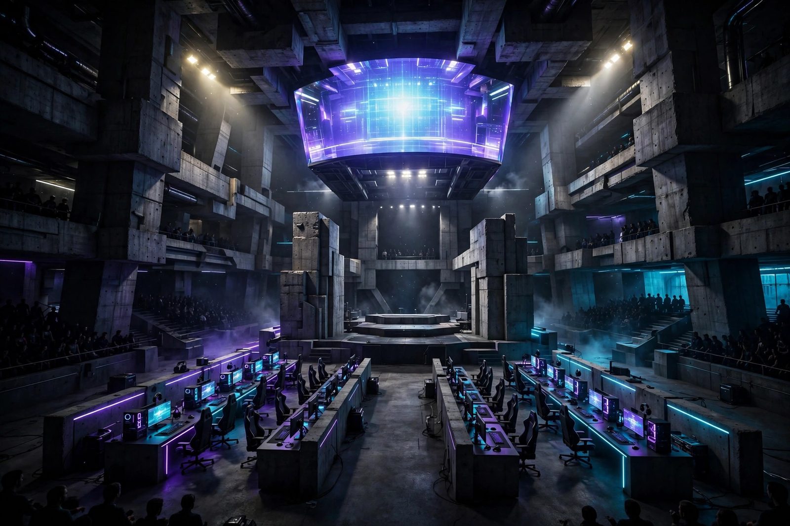 The brutalist 5v5 arena — concrete monoliths, two rows of stations facing off, giant screen, tiered crowd