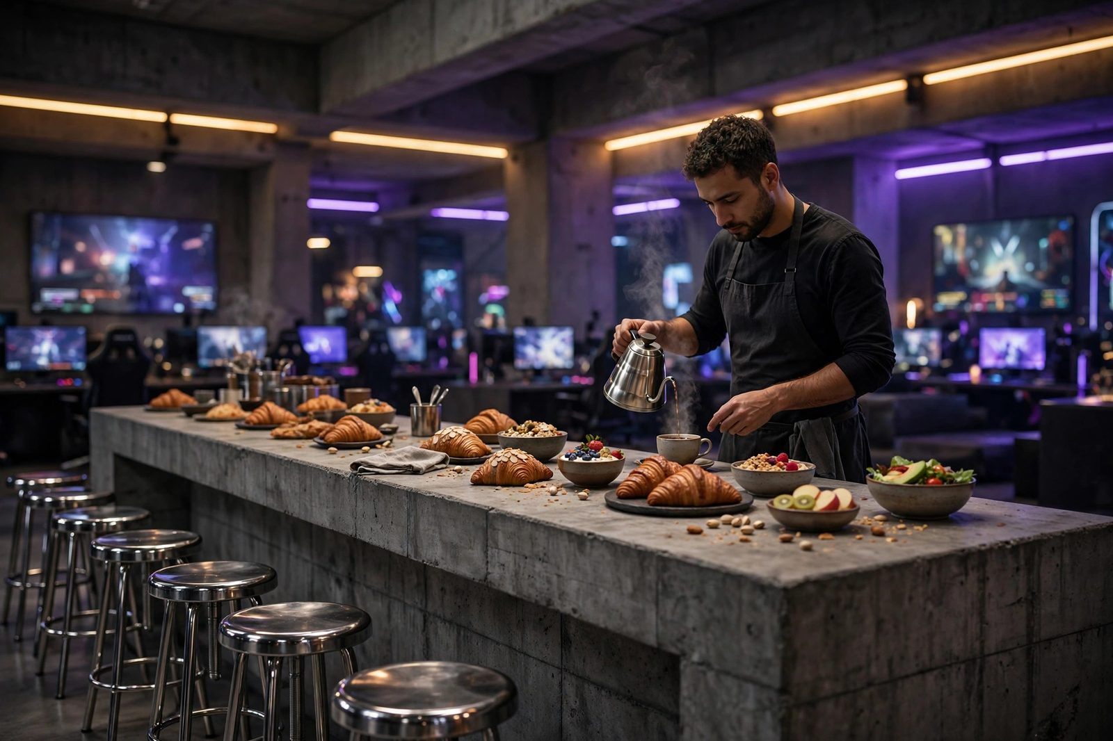 The brutalist coffee and food bar — massive raw concrete counter, chrome stools, barista pouring coffee