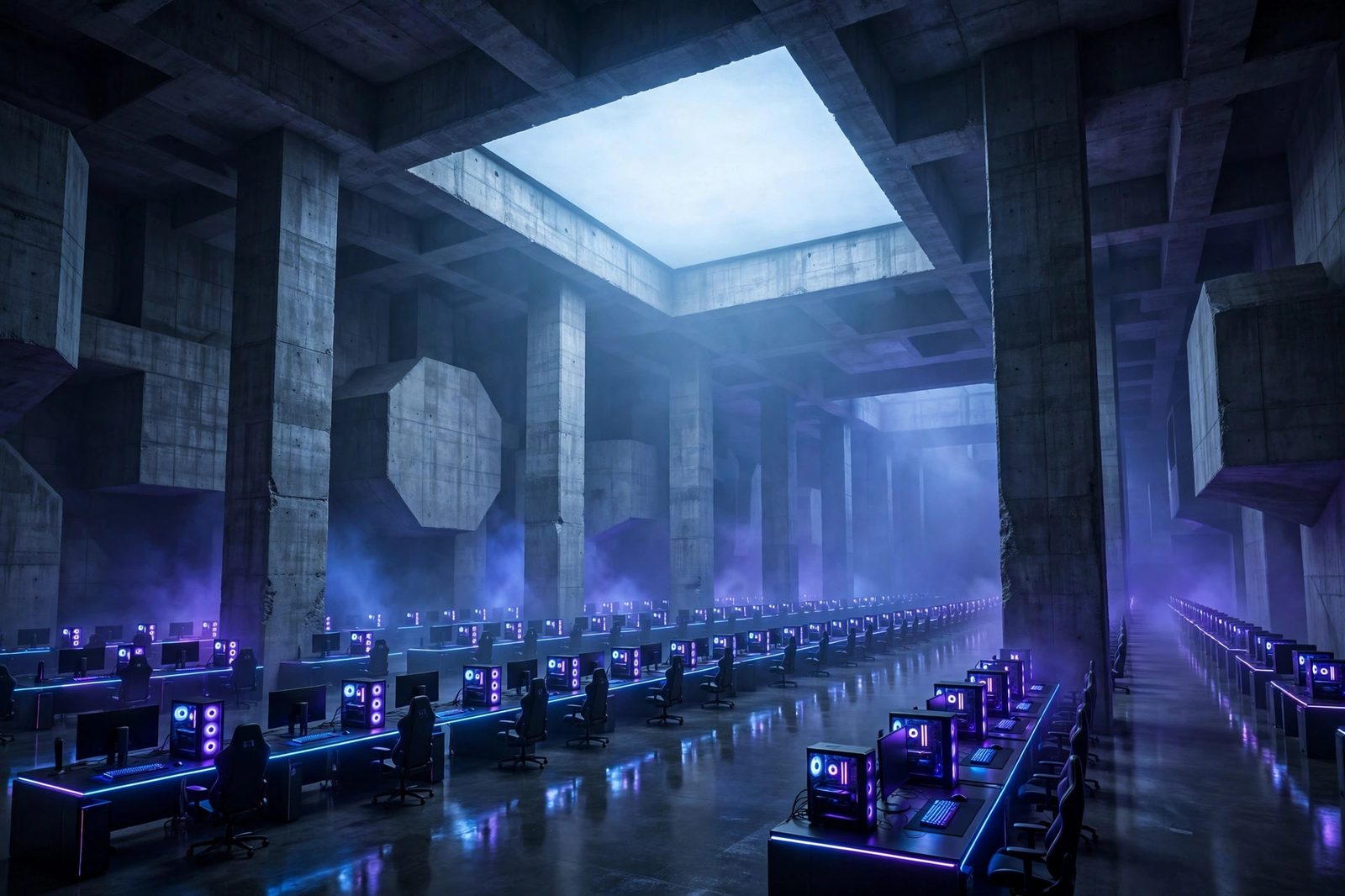 The DONTBLINK hall — massive raw concrete pillars and beams, luminous ceiling panel, rows of gaming stations
